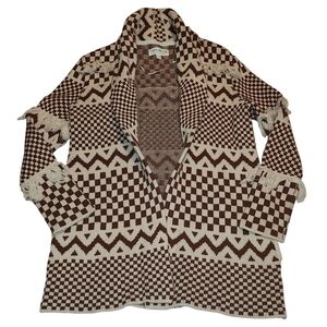 IDYLLWIND Tan and Brown Southwestern Fringe Open Cardigan. Sz. XS
